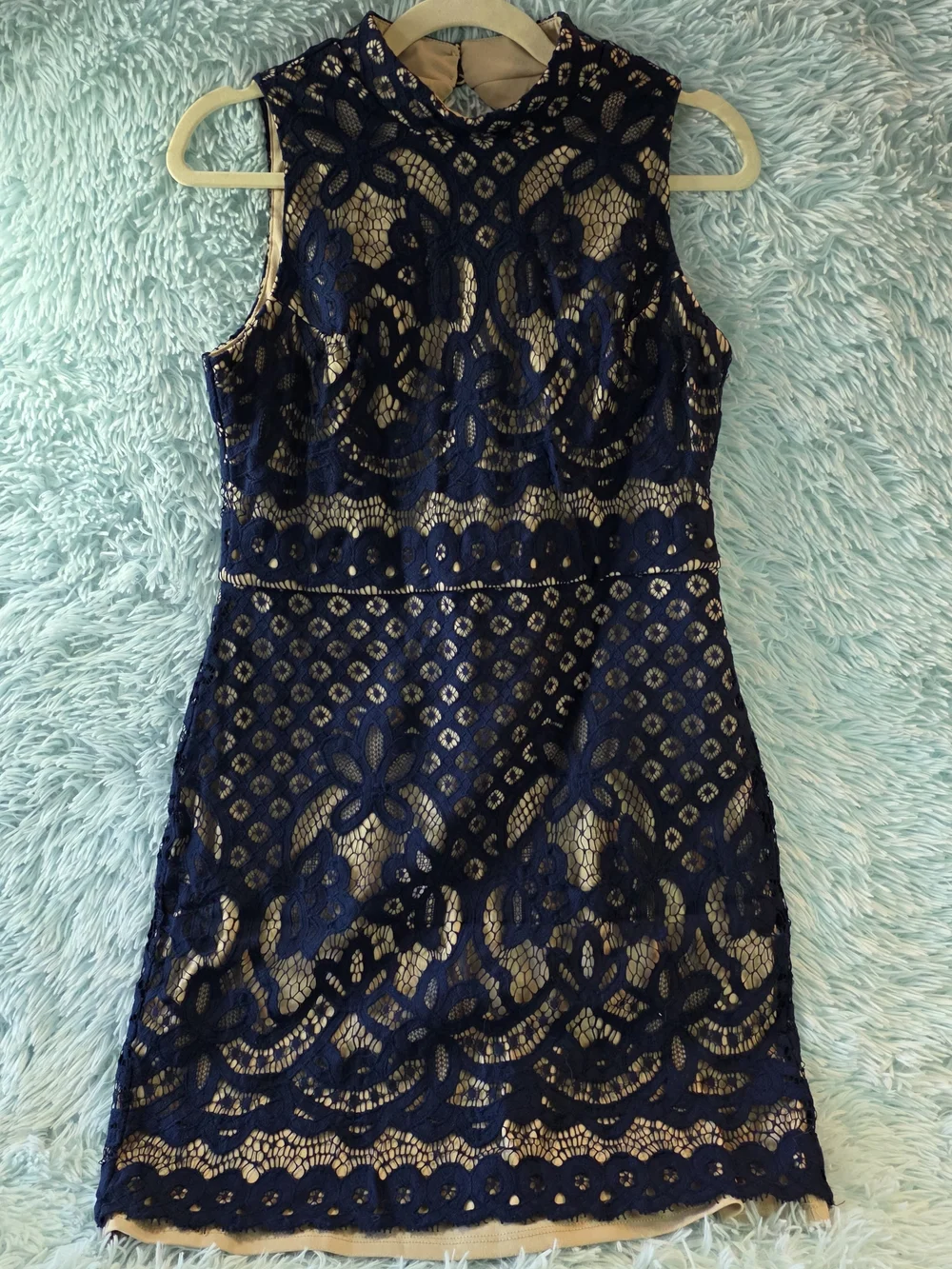 AUW Navy Blue Lace Mini Dress Size 10 Nude‎ Lining Wedding Guest